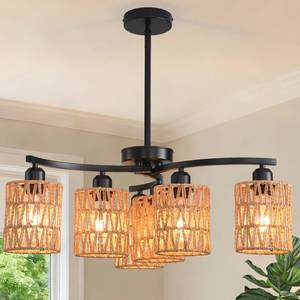 Povectolay Boho Hand Woven Chandelier, 6-Light Black Pendant Lights Kitchen Island Lighting, Rattan Lamp Shades, Rustic Dining Room Light Fixture for Living Room, Bedroom E26
