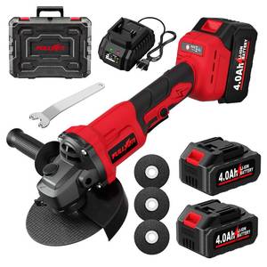 Cordless Angle Grinder 4-1/2", Brushless Angle Grinder Tool 12000 RPM, Power Angle Grinders with 2 * 4.0Ah Batteries & 3 Cutting Wheels, Electric Metal Grinder for Cutting, Grinding, Polishing (Red)