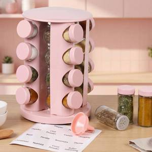 lot 1900 image: Yungyan Pink Rotating Spice Rack Seasoning Organizer with 16 Empty Jars, Spice Containers Set with Labels and Funnel, Revolving Seasoning Rack for Kitchen Accessories