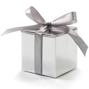 lot 2261 image: KPOSIYA 100 Pack Favor Boxes 2x2x2 inch Candy Boxes Silver Gift Boxes with Ribbons for Wedding Baby Shower Decorations Birthday Party Supplies