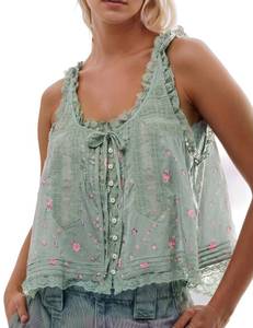 lot 2282 image: People Free Tops Dupes, Womens Boho Lace Tie Front Tank Beach Vacation White Summer Flowy Tops Button Down Sleeveless Blouses Ruffled Chiffon Mesh Crop Fashion Cute Y2K Clothes S