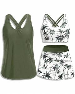 lot 2294 image: Daci Womens Green Palm Tree 3 Piece Tankini Swimsuits with Skirt S