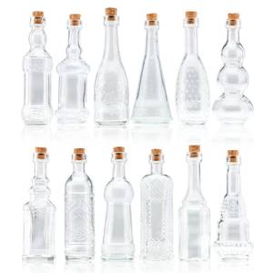 lot 3078 image: BULK PARADISE Small Mini Clear Vintage Glass Bottles with Corks, Mini Vases, Decorative, Potion, Assorted Design Set of 12 pcs, 4.6 Inch Tall (11.43cm), 1.4 Inch Wide (3.56cm)