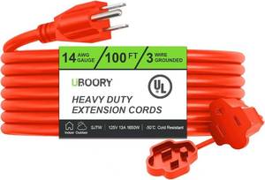 lot 4350 image: UBOORY Outdoor Extension Cord Waterproof 100 FT, Orange 143 SJTW Heavy Duty, Flexible 100% Copper 3 Prong Extension Cord for Lawn, Garage,UL Listed