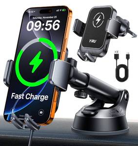 lot 4352 image: YRU True Military-Grade Wireless Car Charger Mount, 15W Charging Auto Clamping Car Phone Holder 98LBS Strong Dashboard Windshield Vent Cellphone Holder for iPhone 17 16 15 Pro Max, Dark Black