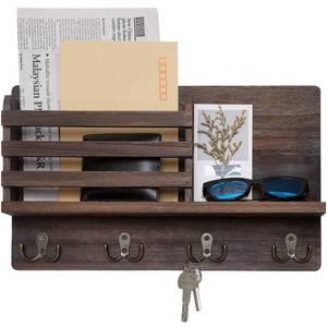 lot 5295 image: Dahey Wall Mounted Mail Holder Wooden Key Holder Rack Mail Sorter Organizer with 4 Double Key Hooks and A Floating Shelf Farmhouse Rustic Home Decor for Entryway or Mudroom,15.7W x9.3Hx3.2D, Brown