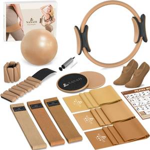lot 5303 image: NANATI Pilates Kit with Ankle Weights, Pilates Essential Kit for Women, Pilates Equipment with 14.5 Pilates Ring and Ball, Resistance Bands, Sliders & Grip Socks for Starter Home Workouts (Mocha Pro)