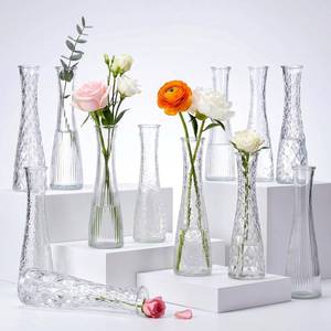 lot 5314 image: 12 Pack Glass Bud Vases, Assorted Textured Clear Flower Vases Bulk, Rustic Modern Table Centerpiece Vase, Decor Vase for Wedding Home Hotel Restaurant Birthday Gift