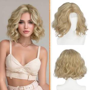 lot 6164 image: Haloo Blonde Bob Wig for Women Lace Front Hairline Short Soft Wavy Curly Natural Looking Middle Part Synthetic Hair Wigs for Daily Party, 11 Inch Dirty Blonde