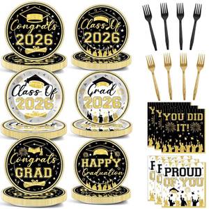 lot 6171 image: 96Pcs Graduation Plates and Napkins 2026 Congrats Grad Party Decorations Grad Party Tableware Supplies Class of 2026 Disposable Dinnerware for Graduate Parties Decor Serve 24, Black and Gold