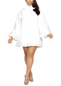 lot 6248 image: Yanfoam Womens Puff Long Sleeve Sweetheart Round Neck Dress Flowy Loose Chiffon for Cocktail Party Mini Dress White size XL