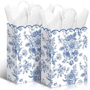 lot 6250 image: Kolldenn 24 Pcs Blue Floral Gift Bags with Handles Wildflower Party Favor Candy Treat Goodie Bags Scalloped for Birthday Decoration for Bridal Baby Shower Party Supplies