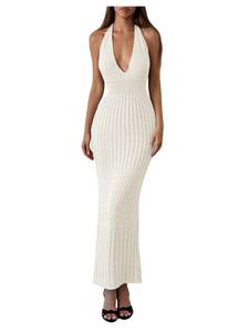 lot 6267 image: GORGLITTER Womens Halter Backless Knit Dress Crochet Maxi Dresses White size M