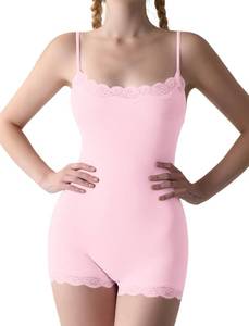lot 6286 image: FYMNSI Women Lace Trim Cami Leotard Bodysuits Seamless Sexy One Piece Romper Spaghetti Strap Tank Top Blouse Jumpsuits Boyleg Fitted Shapewear Underwear Undershirt Pajamas Nightwear Pink S