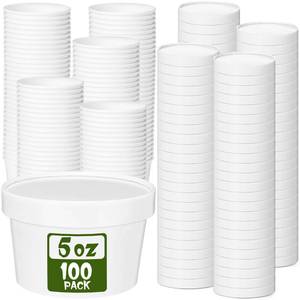 lot 7116 image: Fulmoon 100 Pack Paper Soup Containers with Lids Disposable Paper Food Containers with Vented Lid Kraft Ice Cream Cake Dessert Cups Soup Bowl for Party Hot Food Fruit Microwave(5 oz,White)