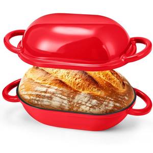 lot 7122 image: Maxdot 4qt Dutch Oven with Lid Enameled Cast Iron Sourdough Bread Pan for Baking Non Stick Single with Loop Handles for Family Homemade Breadbaking(Red)