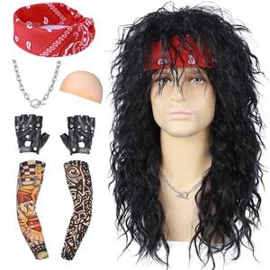 lot 8229 image: Guree Hair 6Pcs Rocker Mullet Wig for Men Women Unisex��Long Curly Black Wig with Bandana Tattoo Sleeve Gloves Necklace for 70s 80s 90s Cosplay Costume Halloween Party
