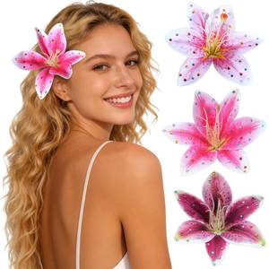 lot 8230 image: Mesovor 3 Pack Hawaiian Flower Hair Clips, Artificial Tropical Flower Orchid Hair Pin  Rhinestone Hairpins Hair Accessories for Wedding Bridal Beach Party (Pink Lily)
