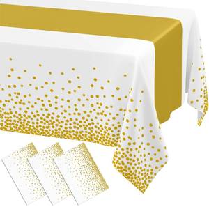lot 8283 image: Smiry Plastic Table Cloth Disposable 3 Pack, 54 x 108 Inch Rectangle Waterproof Tablecloth, Printed Gold Table Runner Style for Birthday Weeding, Party Decorations, Leakproof & Sturdy, White and Gold
