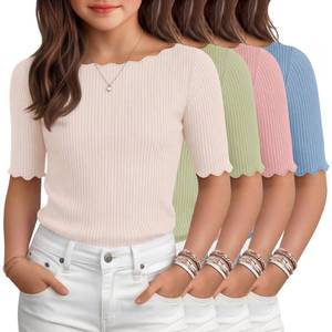 lot 9439 image: Mumucove 4 Pack Girls Half Sleeve T Shirts Kids Ribbed Lettuce Trim Tops Boat Neck Fitted Summer Casual Tees, 5-16 Years(Apricot,Apple Green, Pink, Baby Blue,9-10 Years)