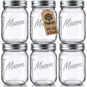 lot 9460 image: Paksh Novelty Mason Jars 16 oz - 6-Pack Regular Mouth Glass Jars with Lid & Seal Bands - Airtight Container for Pickling, Canning, Candles, Home Decor, Overnight Oats, Fruit Preserves, Jam or Jelly