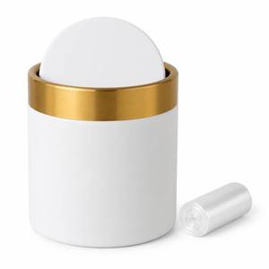 lot 9471 image: JILLICK Mini Trash Can with Lid, Metal Small Tiny Mini Trash Bin Can, Mini Countertop Trash Cans for Desk Car Office Kitchen, Swing Top Trash Bin 1.5 L0.40 Gal (White)