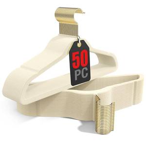 lot 9474 image: Korpai 50 Pack Beige Velvet Hangers,Felt Hangers with Gold 360°Swivel Hook,Coat Hanger Non Slip,Heavy-Duty,Space Saving,Slim Clothes Hangers for Pants,Outfit,Skirts,Suits,Coats,Dresses ect.