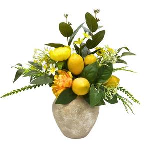 lot 9477 image: Lnymura 15 Inch Faux Lemon Plant in Rustic Vase with Peony and Eucalyptus