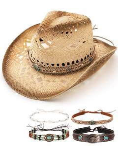 lot 9478 image: FURTALK Straw Cowboy Hat for Women Men with 4-Style Decorative Bands Stiff Wide Brim Western Style Cowgirl Hat, Beige-Dark egde