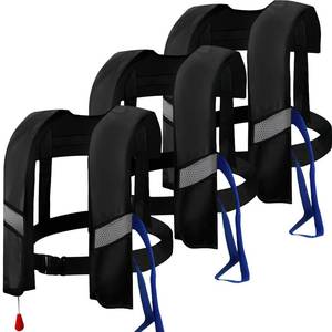 lot 9484 image: 3-Pack 150N Unisex Automatic Life Jacket - Lightweight Inflatable Flotation Device with Reflective Patches, Whistle, Extra Tube - Suitable for Rowing, Boarding (Black)