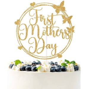 lot 10324 image: Gold Glitter First Mothers Day Cake Topper, Happy Mothers Birthday Cake D�cor, Butterfly Themed First Mothers Day Party Decorations for Mom
