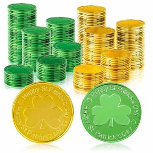 lot 10325 image: Eclatjoy St. Patricks Day Plastic Coins - 50PCS Gold & Green Shamrock Lucky Coins, Happy St. Patricks Day Party Favors, Irish Holiday Decorations, Carnival Game Tokens, Leprechaun Party Supplies