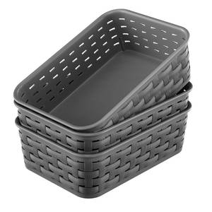 lot 10359 image: 3 Pack Small Plastic Basket, Storage Bin Baskets for Organizing, Pantry Organizer Household Wicker Storage for Laundry Room, Bedrooms, Kitchens, Cabinets, Countertops, Dark Gray