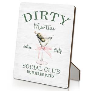lot 10365 image: IRTAGANNY Cocktail Bar Sign, Dirty Martini Gifts Wooden Stand Sign 5X7, Martini Decorations for Party, Pink Bow Cocktail Signs for Bar Pub Lounge Desk Table Decor(5x7 Inch)