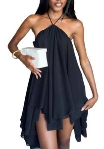 lot 10367 image: SHINFY Women Summer Halter Neck Mini Dress Sleeveless Backless Swing Flowy Ruffle Beach Vacation Sun Dresses Black