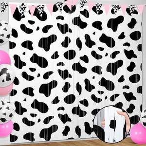 lot 10377 image: WovWeave 2 Pcs Cow Party Decorations 3.3 x 6.6 ft Black and White Cow Farm Foil Fringe Curtains Backdrop Tinsel Streamers for Photo Booth Farm Birthday Disco Cowgirl Rodeo Party Decor Supplies