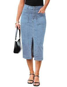 lot 10402 image: luvamia Jean Skirts for Womens Clothing Trendy 2025 Denim Trendy Casual Stretchy High Waisted Midi Front Pockets Below Knee Skirt with Slit Roadknight Blue Small US Size 4 Size 6