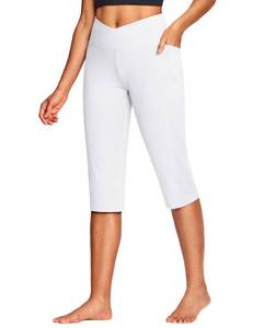 lot 10407 image: ISEEGZ 18 Capri Pants for Women High Waist V Crossover Womens Yoga Capris Breathable with Pockets for Workout Casual White
