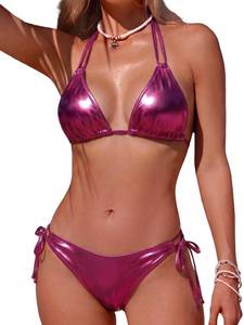 lot 10408 image: Womens Triangle Halter Pink Bikinis Sets Side Tie Two Piece Metallic Bathing Suit Sexy String Drawstring Swimsuit Swimwear Pink L