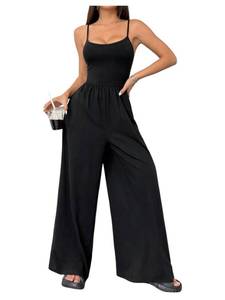lot 10419 image: Floerns Womens Summer Jumpsuit Spaghetti Strap One Piece Outfit Wide Leg Baggy Pants Romper Black Solid Small