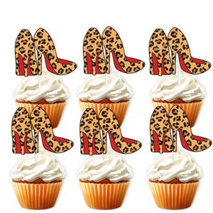 lot 10495 image: 18pcs Gold Glitter Leopard Print High Heel Dessert Cupcake Topper for Makeup Bachelorette Bridal Shower Night Out Hen Movie Theme Decor Supplies Women Lady Girls Birthday Party Decoration