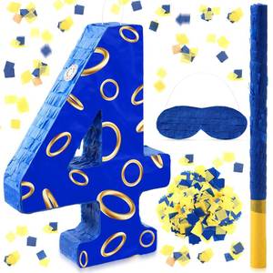lot 11385 image: Simgoing Number 4 Blue and Golden Rings Pi�ata for Kids Birthday Cartoon Theme Small Pi�ata with Blindfold Stick Confetti for Fiesta Cinco De Mayo Party Decor, 15.8 x 11 x 2.8 Inch