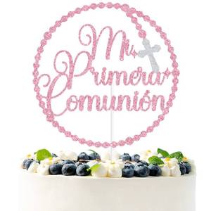 lot 12184 image: Pink Glitter Mi Primera Comunion Cake Topper, Rosary Cross First Communion Decor, Spanish Religious Christening Baptism Baby Shower Party Decorations Supplies