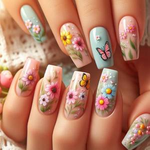 lot 12189 image: Panda Press on Nails Medium Square Fake Nails with Flower Designs Full Cover Glossy Black False Nails Spring Stick on Nail Leaf Cute Reusable Summer Glue on Nail for Women Girls Manicure 24Pcs