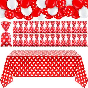 lot 12199 image: Sratte 73 Pcs Red and White Polka Dots Tablecloth Set 54 x 108 Inch Red Polka Dots Tablecloth 24 Pcs Latex Balloons 48 Goodie Bags Retro Party Supplies for Birthday Valentines Day Wedding Decor