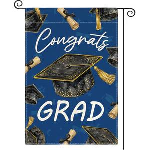 lot 12211 image: AVOIN colorlife Mortarboard Diploma Graduation House Flag 28x40 Inch Double Sided Outside, Congrats Grad Celebration Party Yard Outdoor Decoration Blue