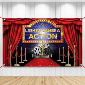 lot 12214 image: KatchOn, XtraLarge Lights Camera Action Backdrop - 72x44 Inch Movie Theme Party Decoration  Hollywood Theme Party Decorations  Lights Camera Action Decorations  Hollywood Movie Night Backdrop