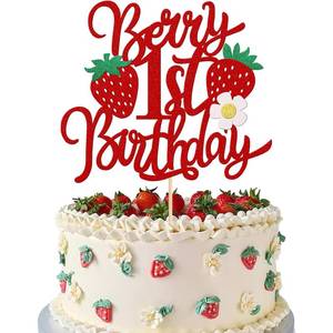 lot 12215 image: 1 PCS Strawberry 1st Birthday Cake Topper, First Birthday Strawberry One Cake Pick, with Flower Glitter Sweet Fruit Theme for Baby Shower 1 Age Berry Theme Party Cakes Decorations Supplies