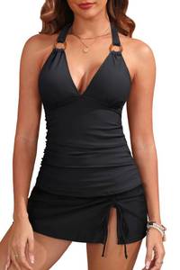 lot 12230 image: Yonique 2 Piece Swimsuits for Women Halter Tankini Top with Skirt Bottom Tummy Control Bathing Suit O-Ring Black XXL