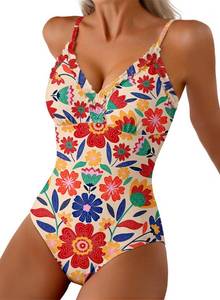 lot 12246 image: Aleumdr Womens Trendy 2026 One Piece Swimsuit Ruffle Trim Tummy Control Slimming Bathing Suit V Neck Full Coverage Summer Modest Swimwear Yell�ow Floral X-Large